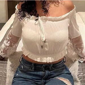 White Off the Shoulder Bell Sleeve Crop Top